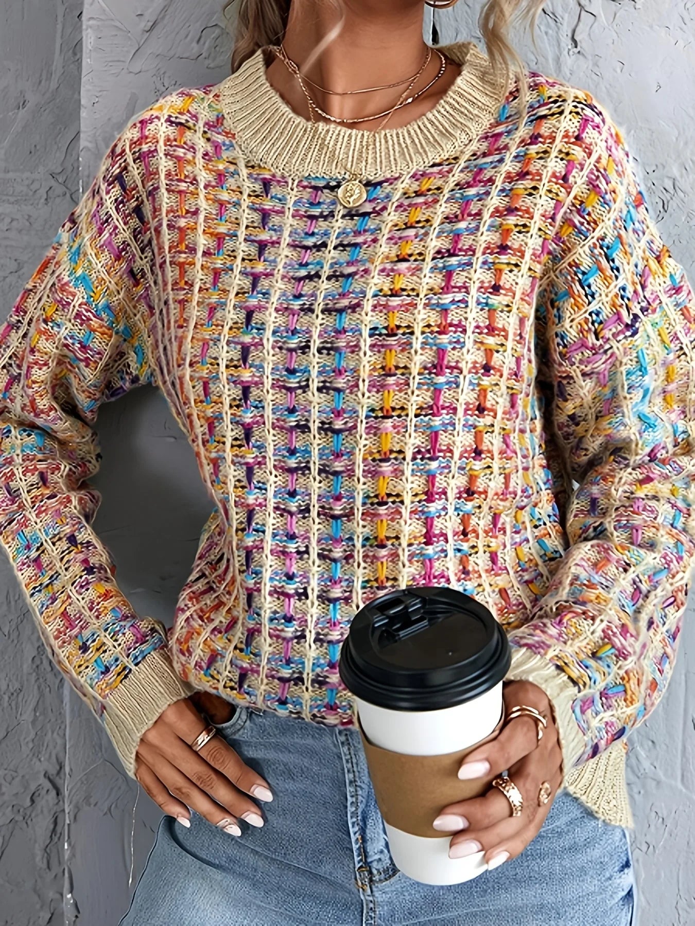 Colorful knitted sweater, casual round neck long sleeve sweater, women's clothing