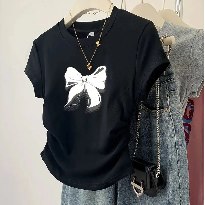 Slim T-shirts Trendy Vintage Butterfly Print Shirt Short Sleeve O Neck Top 2025 Summer New Streetwear Women's Casual Clothes