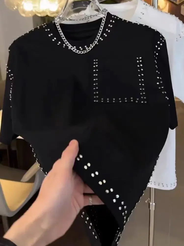 American Trend T-shirt Men's Short-sleeved Summer Fashion Heavy Industry Rivet Round Neck Youth Casual Handsome Versatile Top