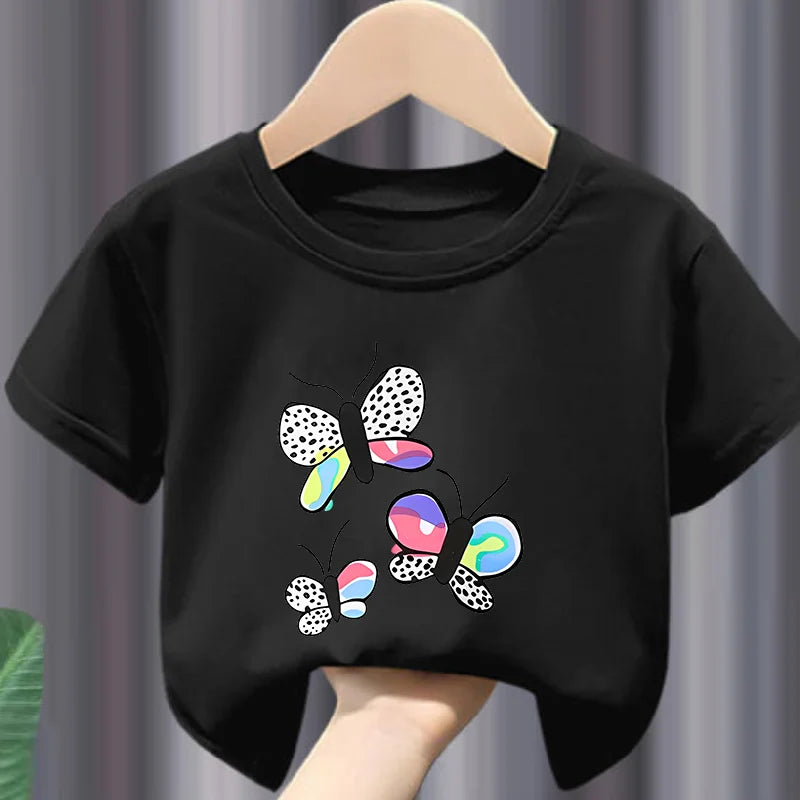Children's T-shirts in The Summer Casual Trend, Featuring Cartoon Butterfly Print Bow Print Heart Print, Fashionable Round