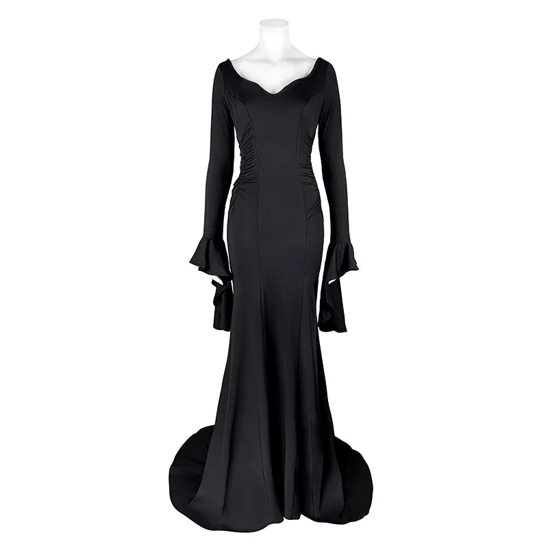 Womens Morticia Addams Dress Halloween Costumes for Women Adult Addams Family Costume Maxi Dress V-Neck Long Sleeve