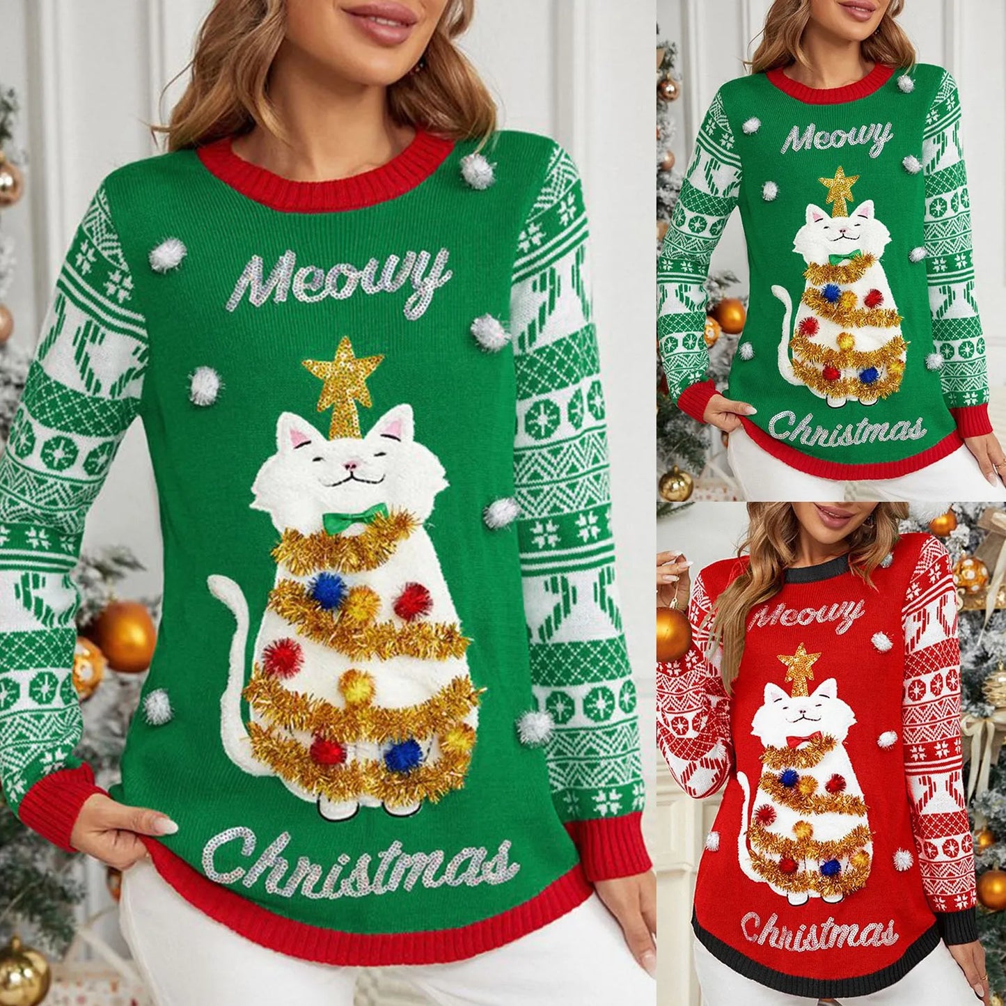Sweater Women Christmas 2025 Ugly Sweater New Cartoon Cat Print O-Neck Autumn Winter Thick Loose Knitwears Tops Xmas Pullover