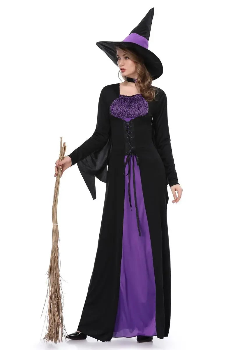 Women Halloween Witch Costume Adult Role Playing Purple Witch Dress Cosplay Performance Dress