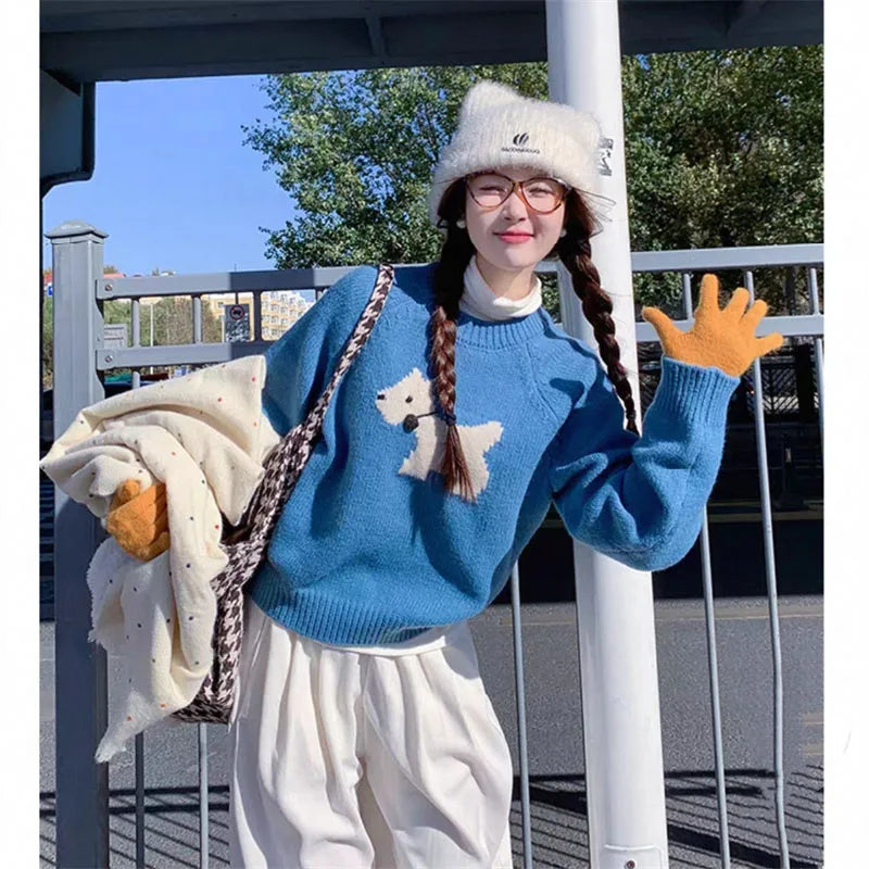 Blue high-end design puppy sweater, loose, thick, comfortable and exquisite women's pullover sweater in autumn and winter