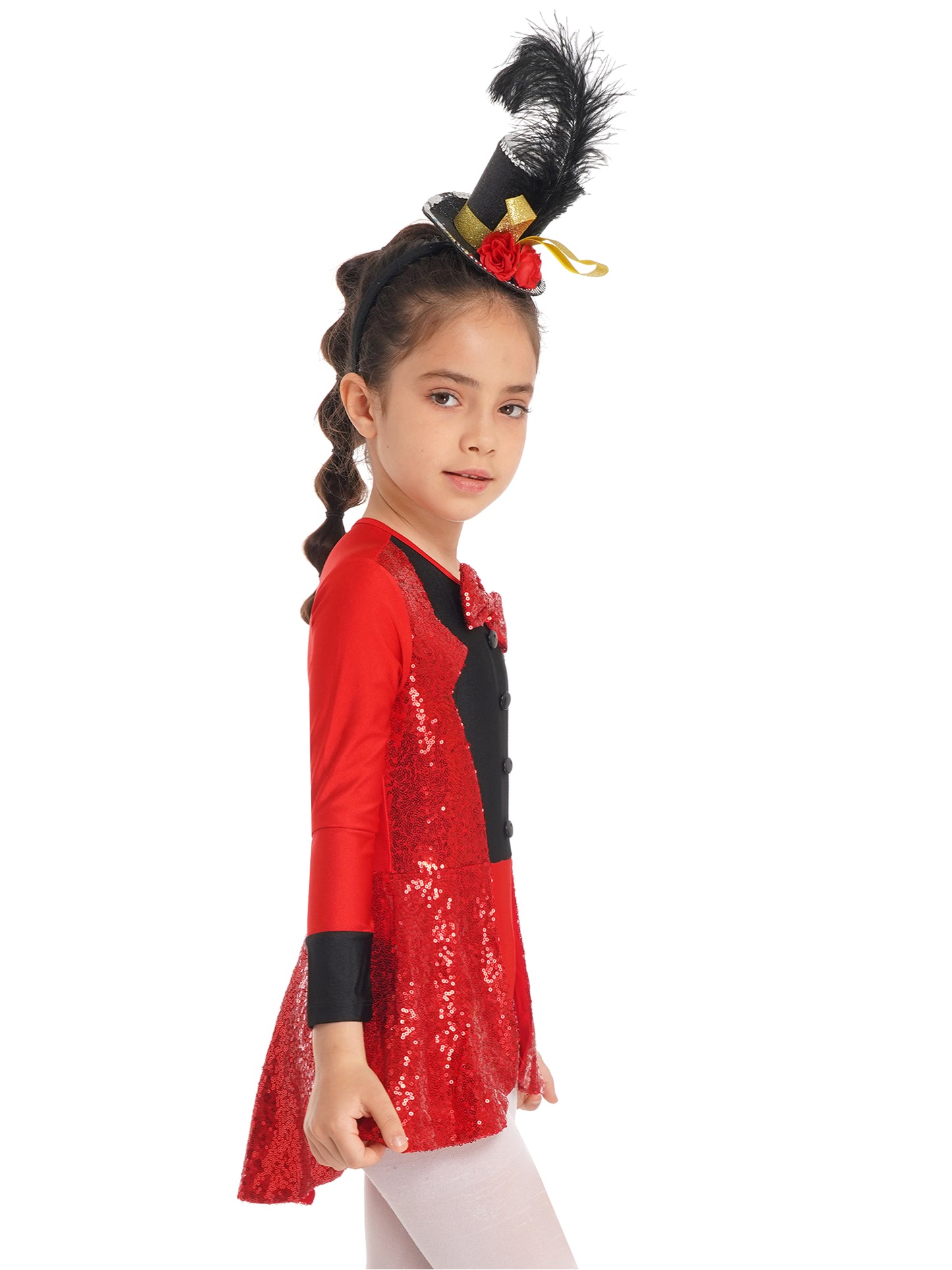 Girls Circus Magician Costume Halloween Party Cosplay Magic Show Dress Up Shiny Sequin Leotard Dress with Hat Magic Wand Gloves