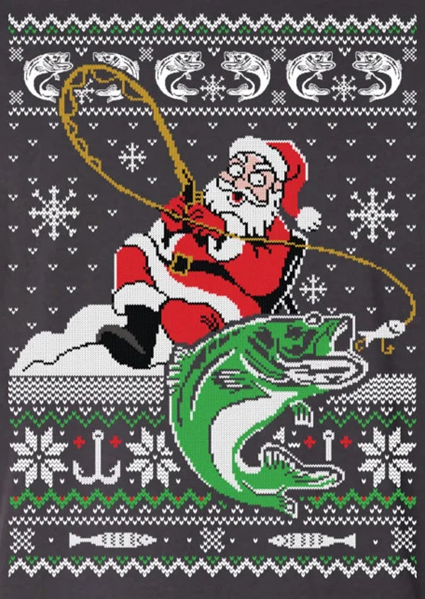 Funny Santa Fishing Ugly Christmas Sweater Fisherman Xmas Gift T-Shirt 100% Cotton O-Neck Short Sleeve Casual Mens T-shirt