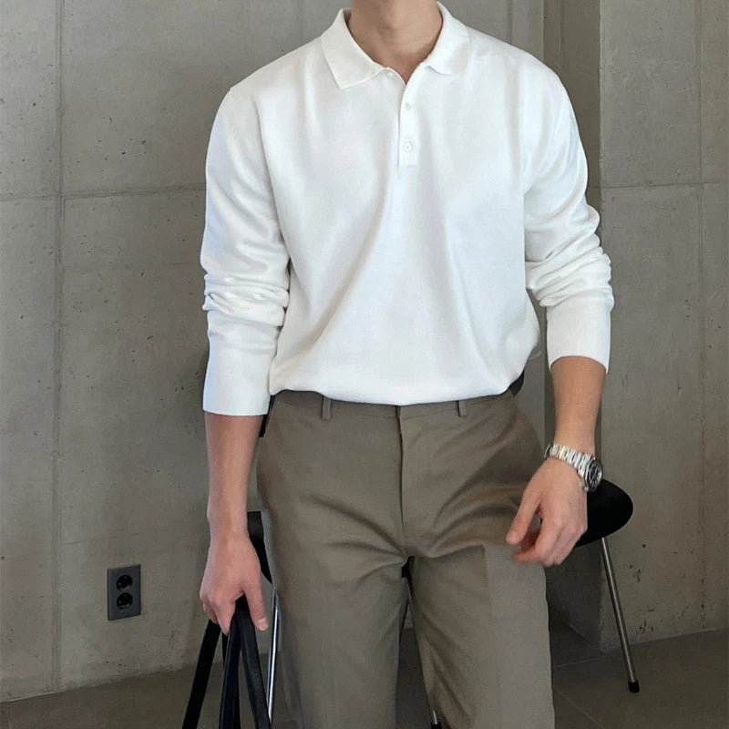 Spring Autumn New Fashion Turn-down Collar Long Sleeve Solid T-Shirts Men's Clothing Button All-match Bottoming Shirt Trend Tops