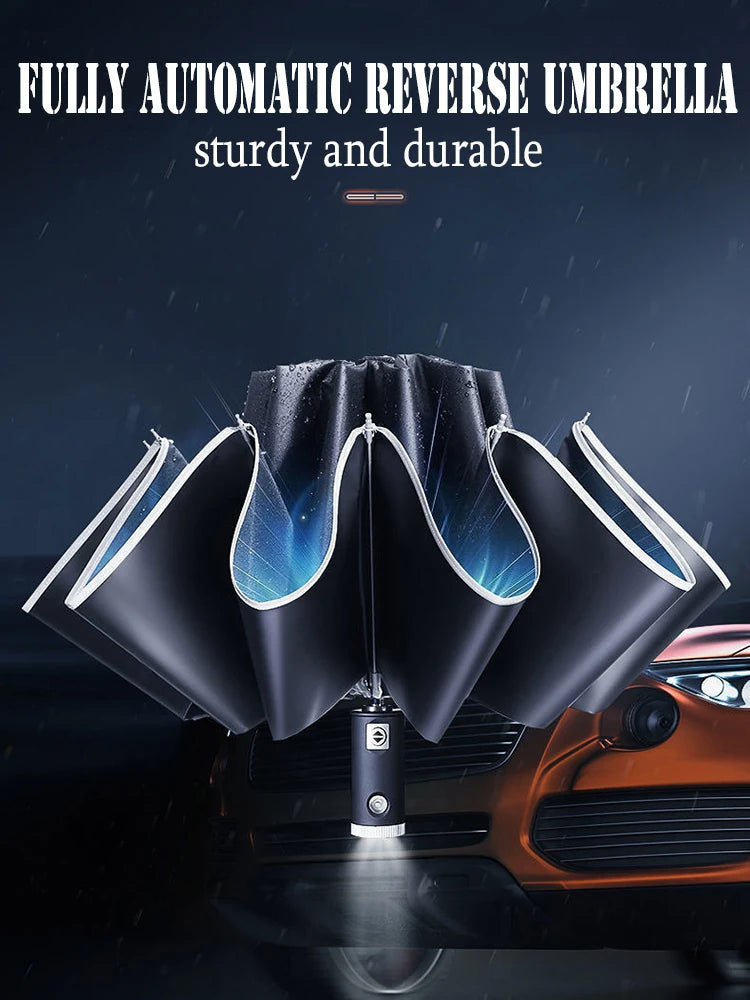 Built In Flashlight Fully Automatic LED Umbrella 10 Rib Windproof UV Sun Rain Protection Waterproof Reflective Canopy for Safety