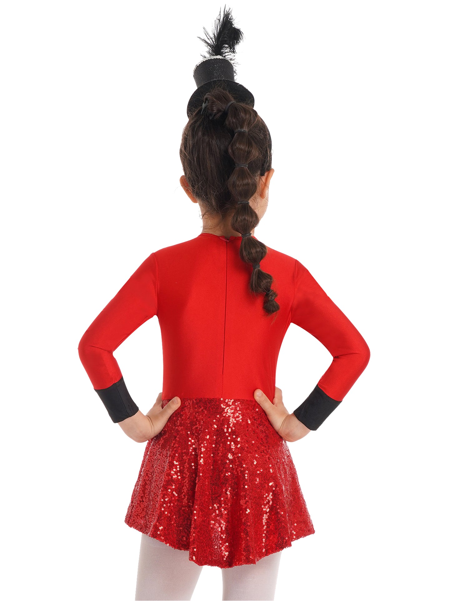 Girls Circus Magician Costume Halloween Party Cosplay Magic Show Dress Up Shiny Sequin Leotard Dress with Hat Magic Wand Gloves