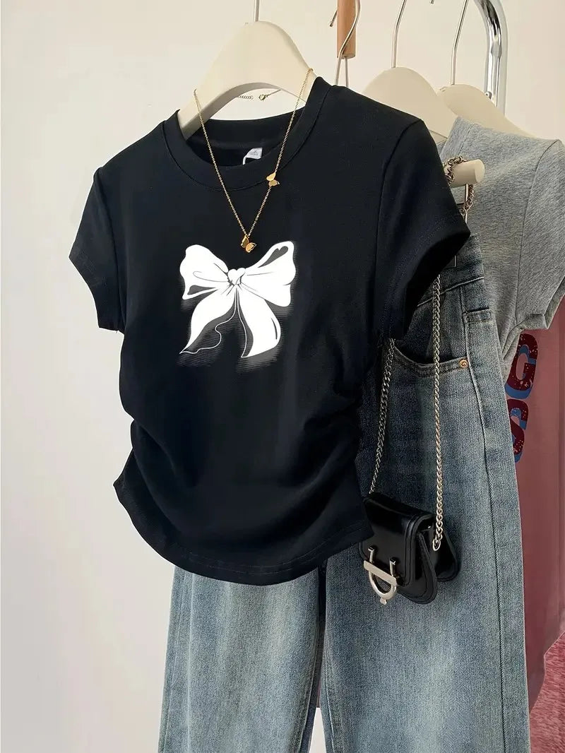 Slim T-shirts Trendy Vintage Butterfly Print Shirt Short Sleeve O Neck Top 2025 Summer New Streetwear Women's Casual Clothes