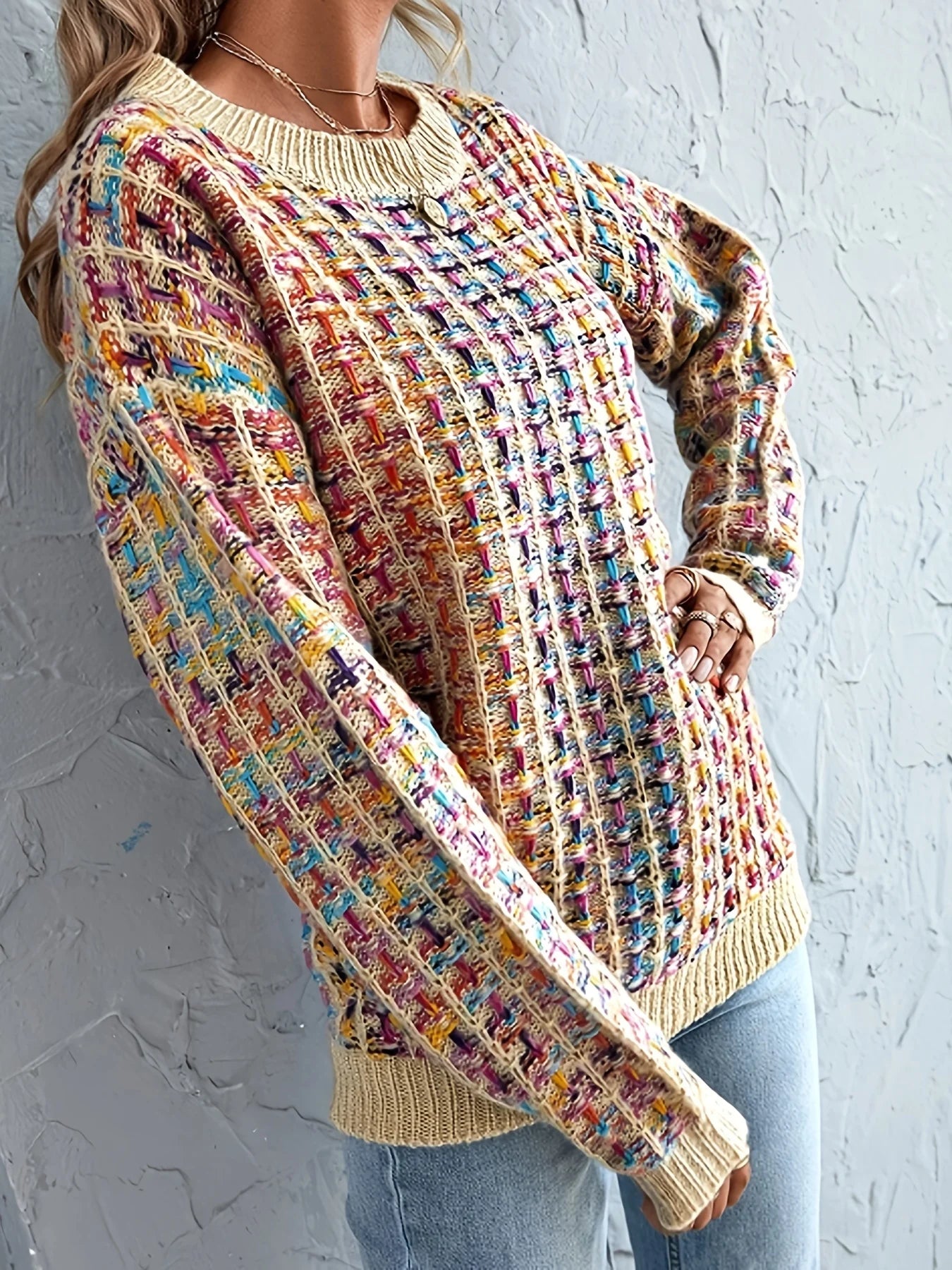 Colorful knitted sweater, casual round neck long sleeve sweater, women's clothing