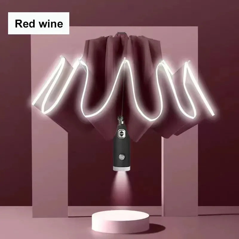 Built In Flashlight Fully Automatic LED Umbrella 10 Rib Windproof UV Sun Rain Protection Waterproof Reflective Canopy for Safety