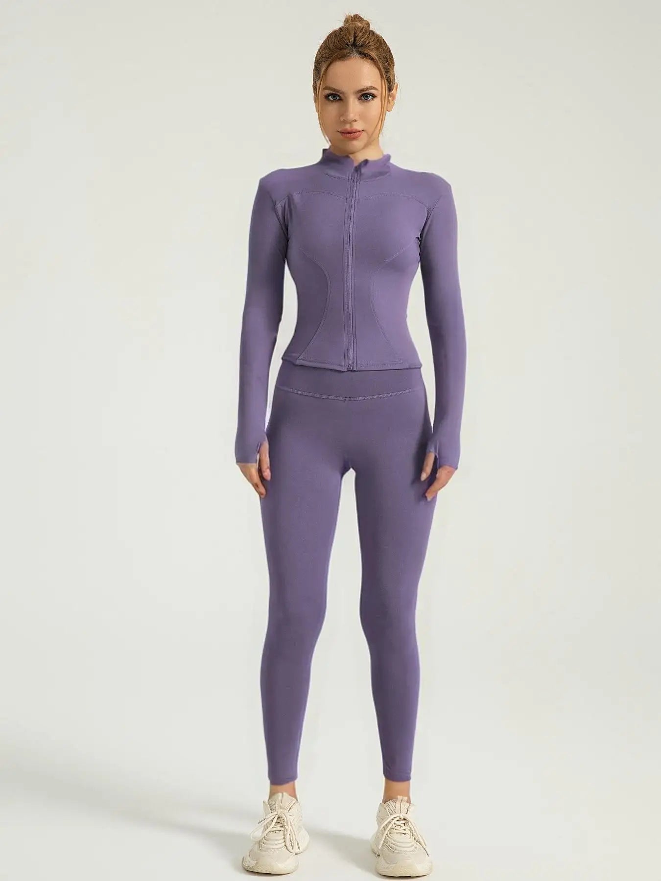 Fitfemme Two-piece Set Women's Solid Zip UpMock Neck Sports Jacket & HighWaist Leggings Set, SportyBreathable Quick Drying