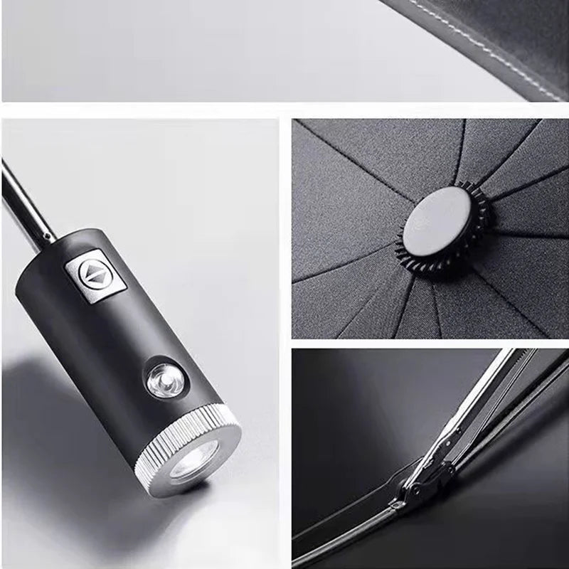 Built In Flashlight Fully Automatic LED Umbrella 10 Rib Windproof UV Sun Rain Protection Waterproof Reflective Canopy for Safety