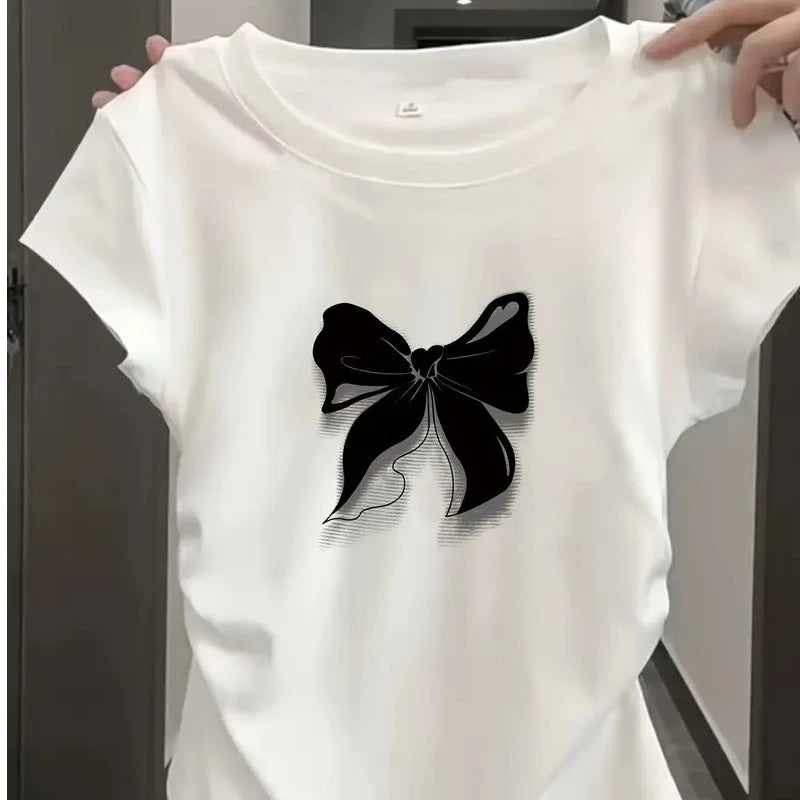 Slim T-shirts Trendy Vintage Butterfly Print Shirt Short Sleeve O Neck Top 2025 Summer New Streetwear Women's Casual Clothes