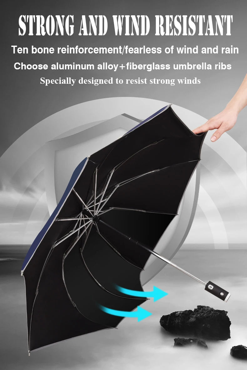 Built In Flashlight Fully Automatic LED Umbrella 10 Rib Windproof UV Sun Rain Protection Waterproof Reflective Canopy for Safety