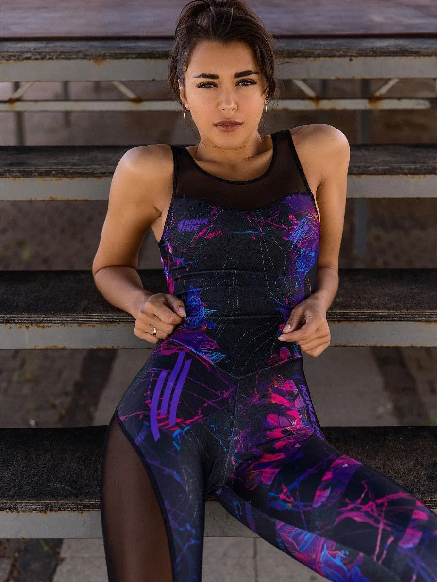 Gym Jumpsuit Outfit Conjunto Deportivo Mujer Sleeveless Printed Back Hollowed Out Mesh Split Piece Jumpsuit for Sports Yoga