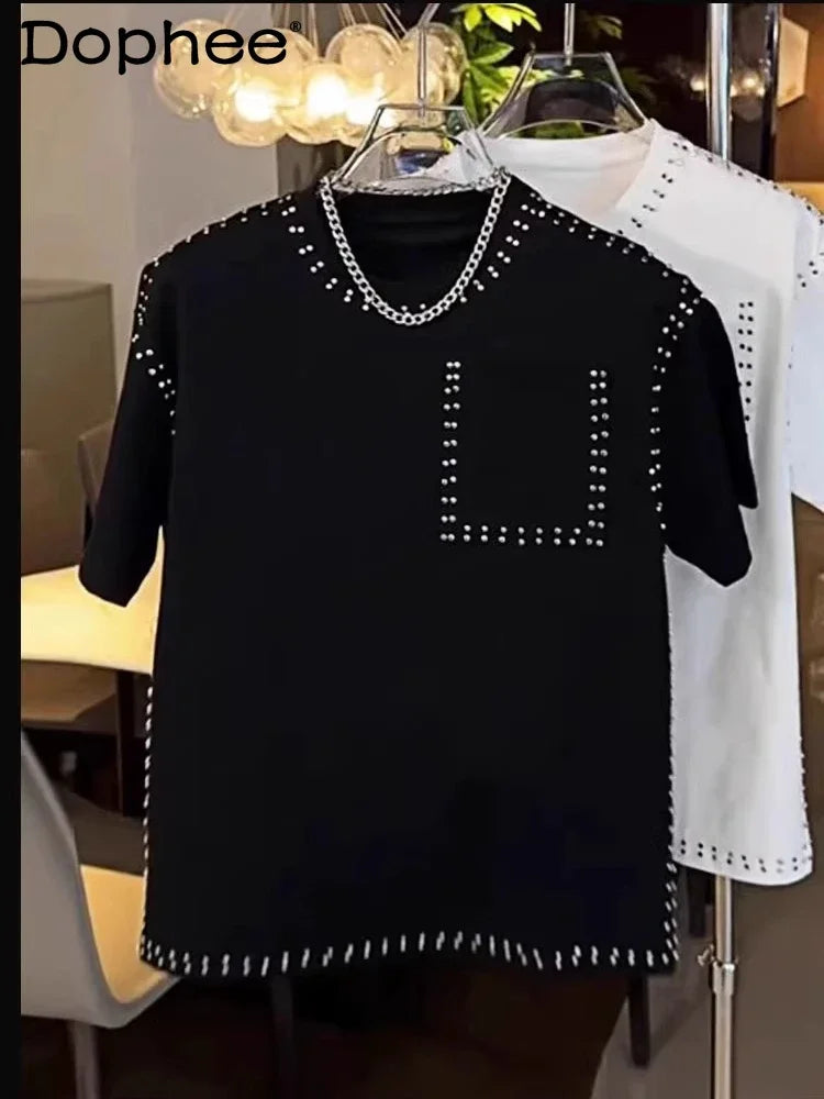 American Trend T-shirt Men's Short-sleeved Summer Fashion Heavy Industry Rivet Round Neck Youth Casual Handsome Versatile Top