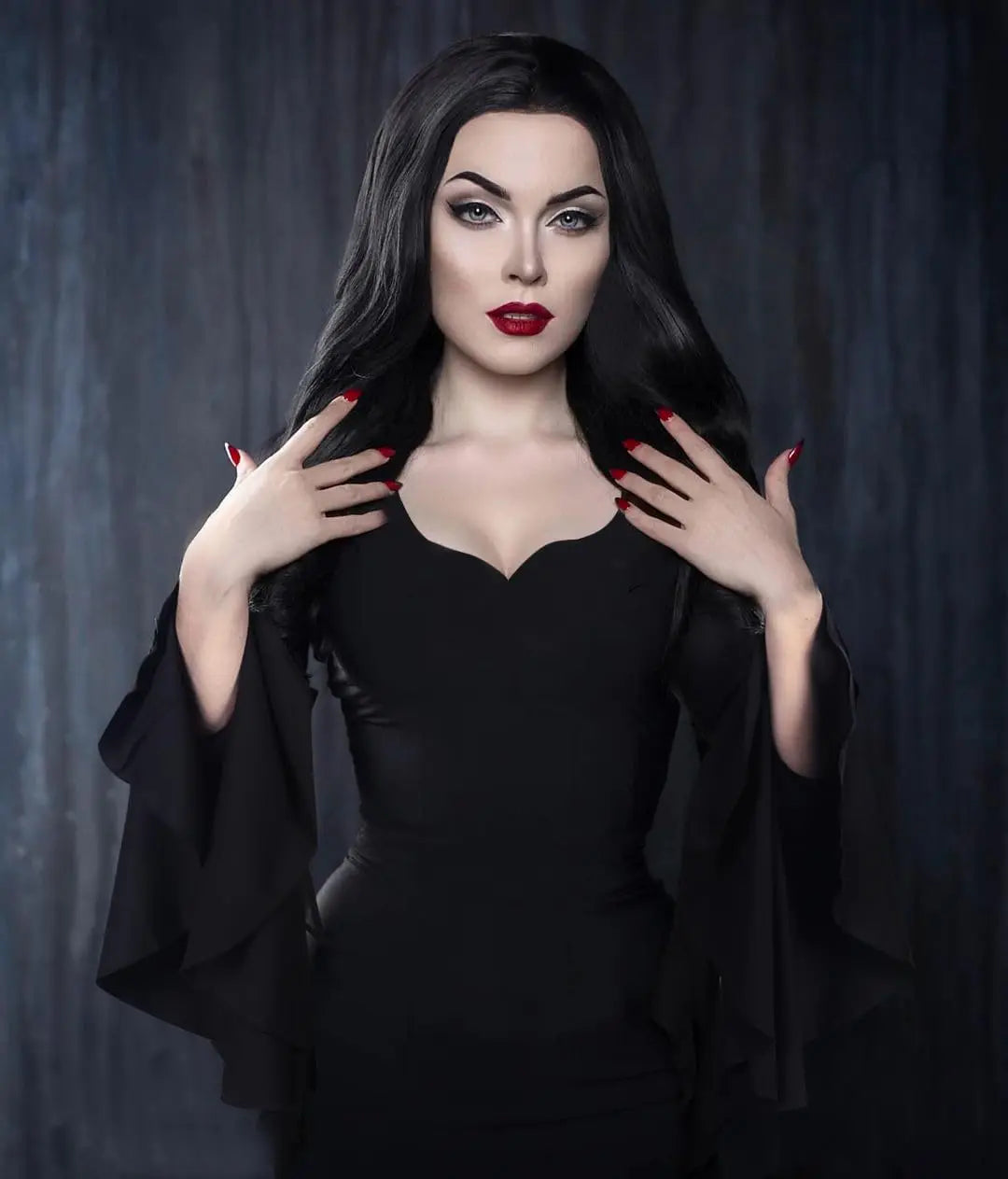 Womens Morticia Addams Dress Halloween Costumes for Women Adult Addams Family Costume Maxi Dress V-Neck Long Sleeve