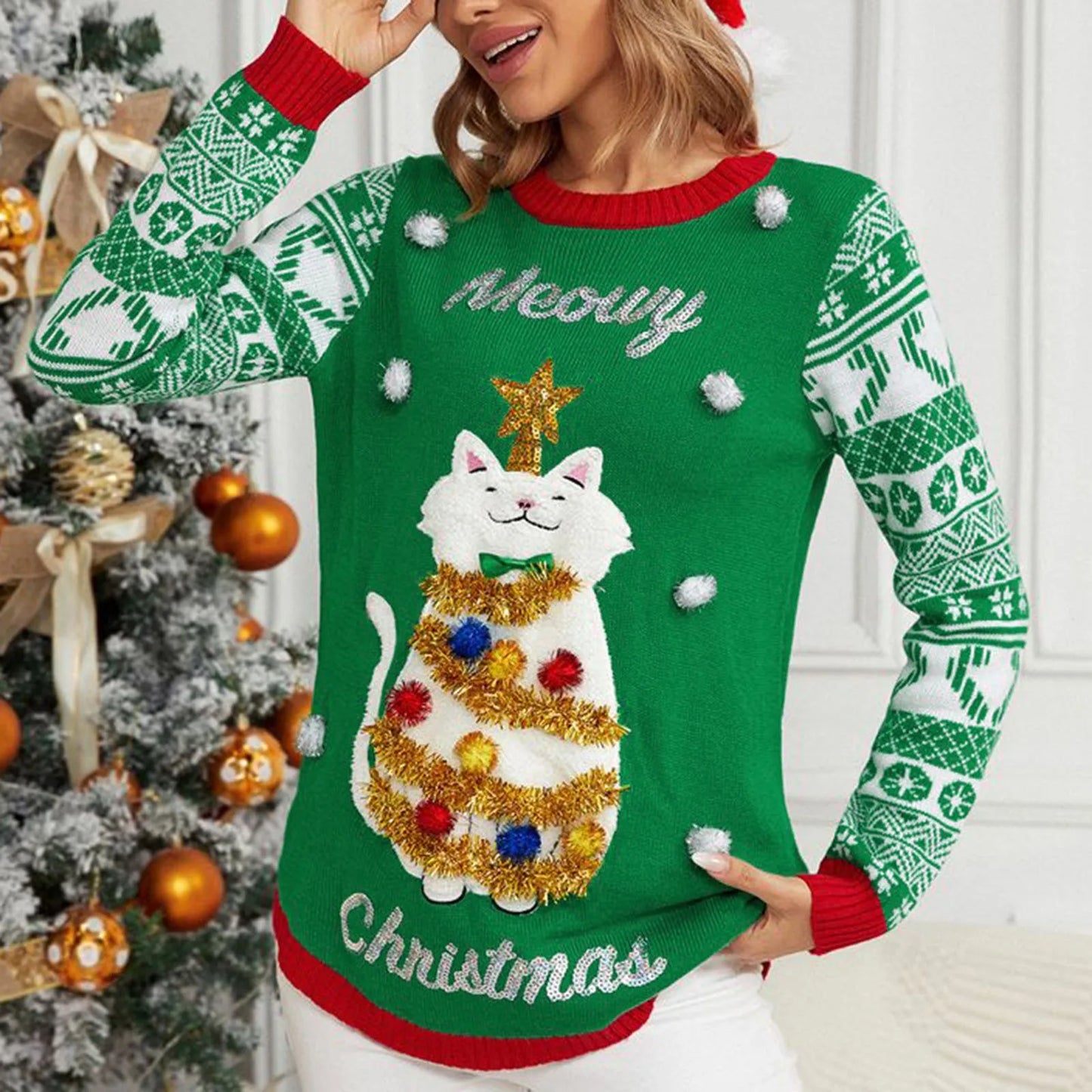 Sweater Women Christmas 2025 Ugly Sweater New Cartoon Cat Print O-Neck Autumn Winter Thick Loose Knitwears Tops Xmas Pullover