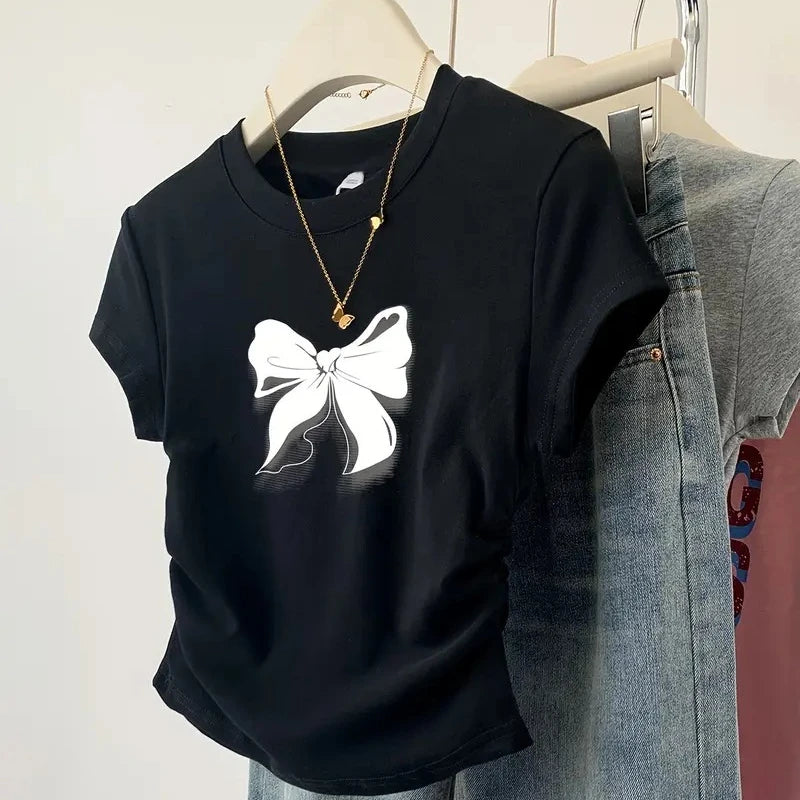 Slim T-shirts Trendy Vintage Butterfly Print Shirt Short Sleeve O Neck Top 2025 Summer New Streetwear Women's Casual Clothes