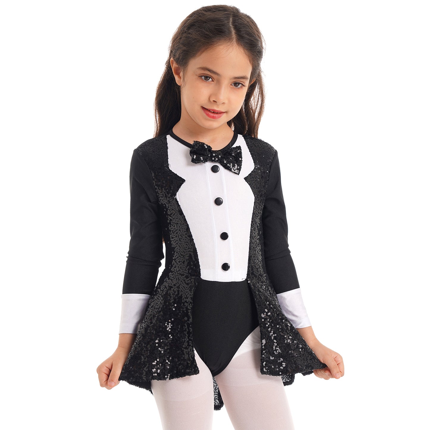 Girls Circus Magician Costume Halloween Party Cosplay Magic Show Dress Up Shiny Sequin Leotard Dress with Hat Magic Wand Gloves