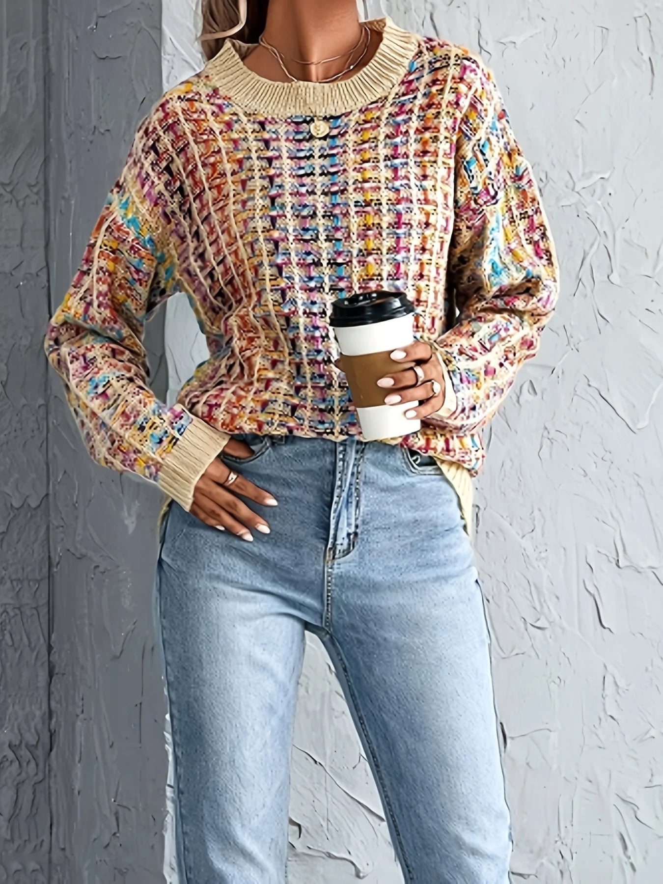 Colorful knitted sweater, casual round neck long sleeve sweater, women's clothing