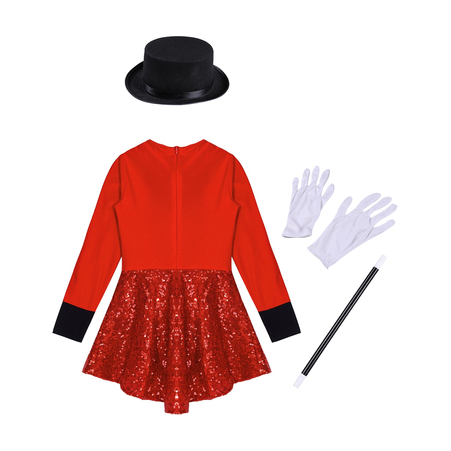 Girls Circus Magician Costume Halloween Party Cosplay Magic Show Dress Up Shiny Sequin Leotard Dress with Hat Magic Wand Gloves
