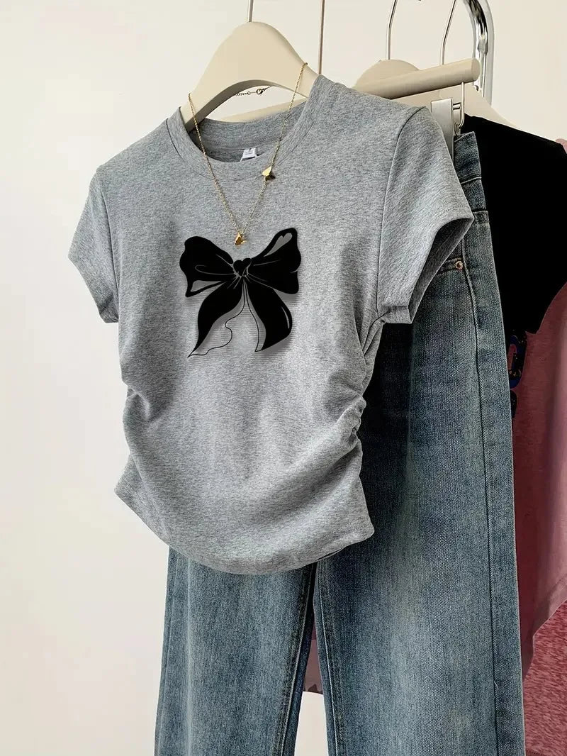 Slim T-shirts Trendy Vintage Butterfly Print Shirt Short Sleeve O Neck Top 2025 Summer New Streetwear Women's Casual Clothes