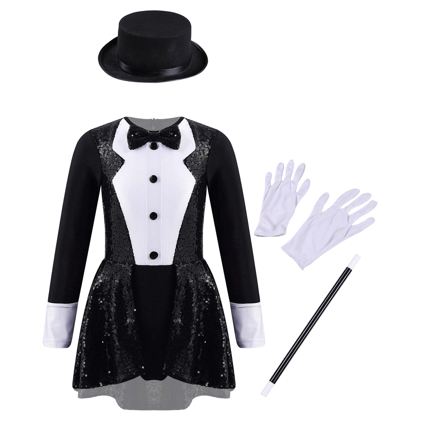 Girls Circus Magician Costume Halloween Party Cosplay Magic Show Dress Up Shiny Sequin Leotard Dress with Hat Magic Wand Gloves