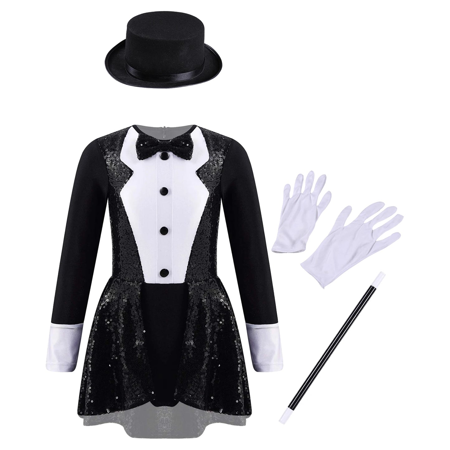 Girls Circus Magician Costume Halloween Party Cosplay Magic Show Dress Up Shiny Sequin Leotard Dress with Hat Magic Wand Gloves