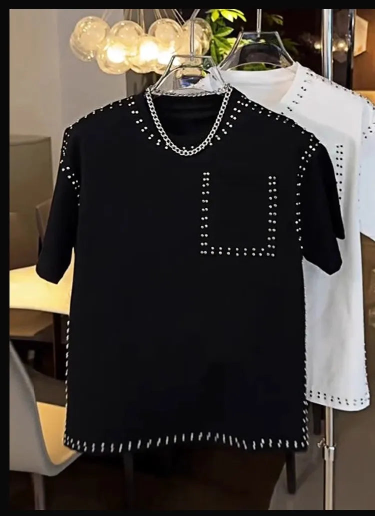 American Trend T-shirt Men's Short-sleeved Summer Fashion Heavy Industry Rivet Round Neck Youth Casual Handsome Versatile Top
