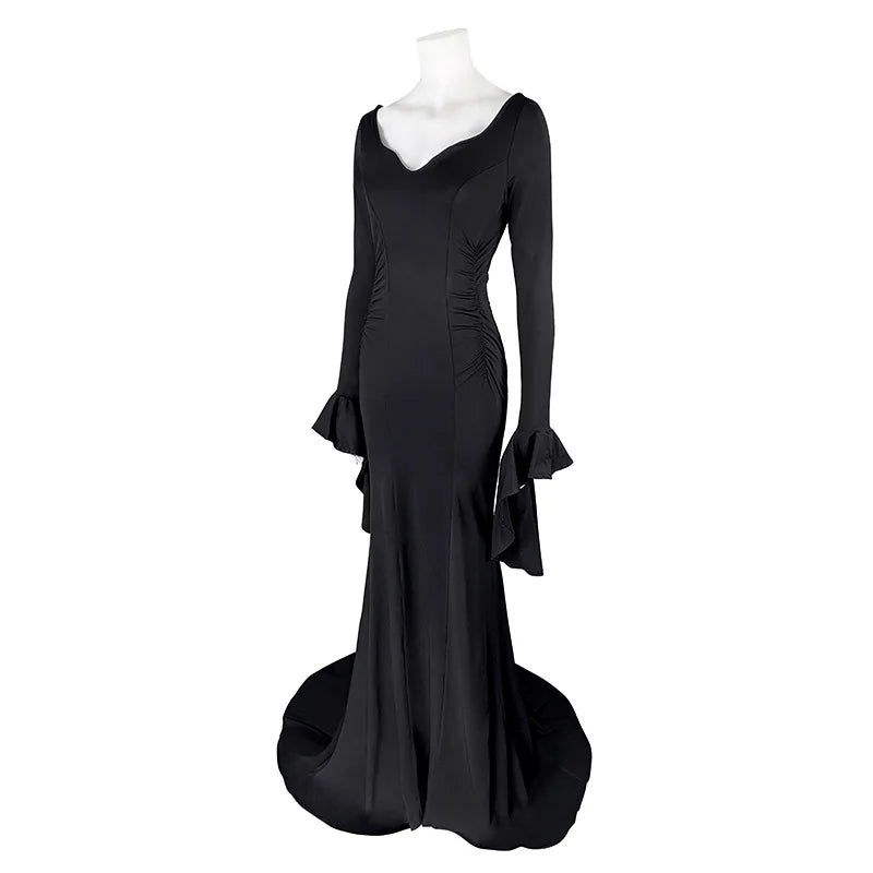 Womens Morticia Addams Dress Halloween Costumes for Women Adult Addams Family Costume Maxi Dress V-Neck Long Sleeve