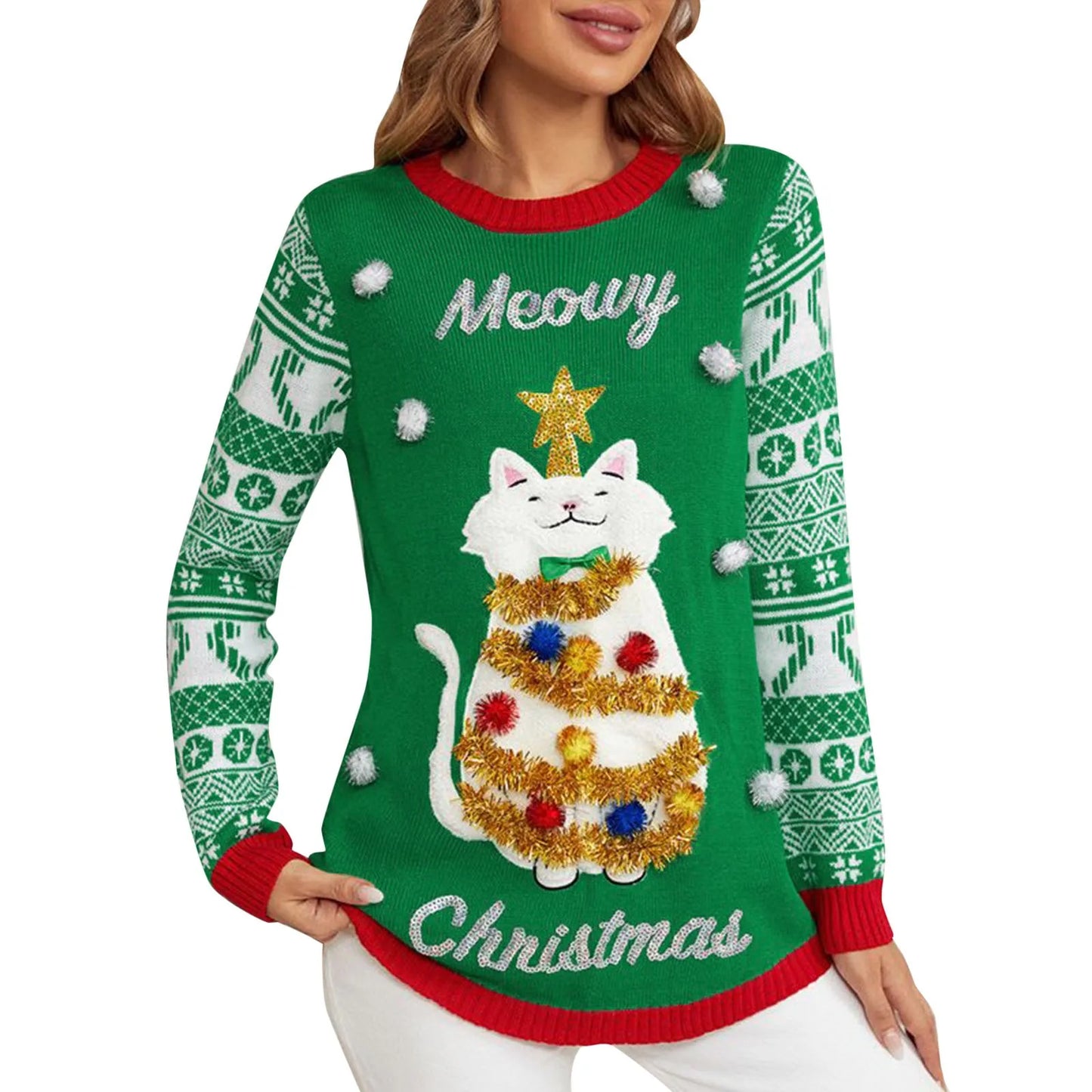 Sweater Women Christmas 2025 Ugly Sweater New Cartoon Cat Print O-Neck Autumn Winter Thick Loose Knitwears Tops Xmas Pullover
