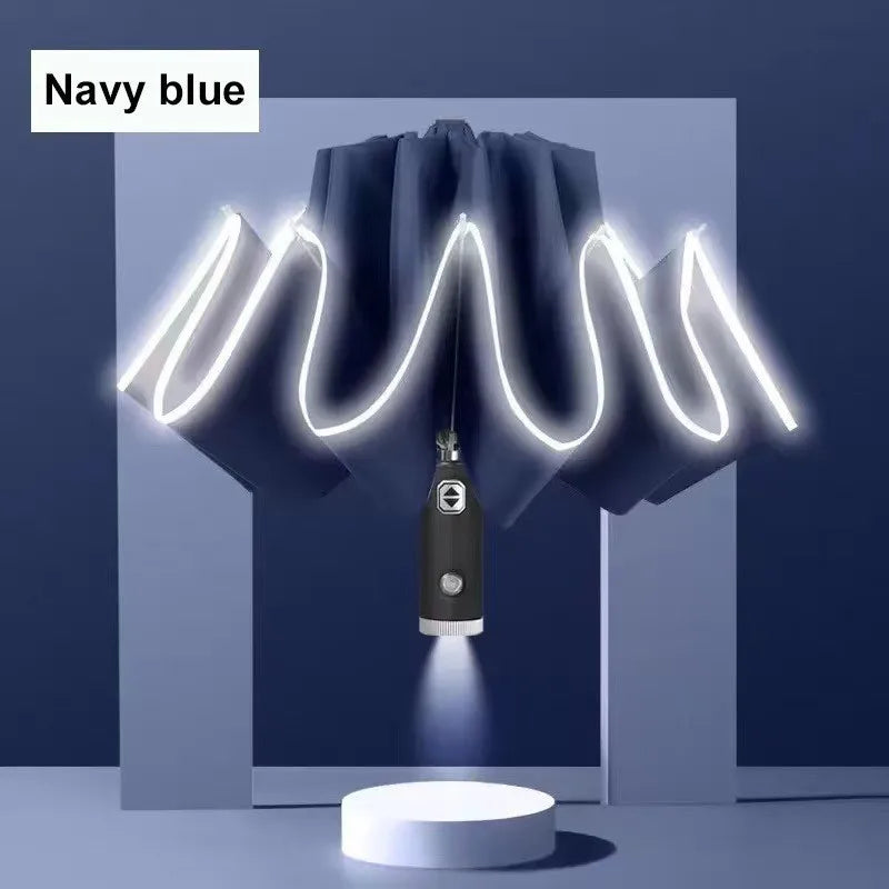 Built In Flashlight Fully Automatic LED Umbrella 10 Rib Windproof UV Sun Rain Protection Waterproof Reflective Canopy for Safety