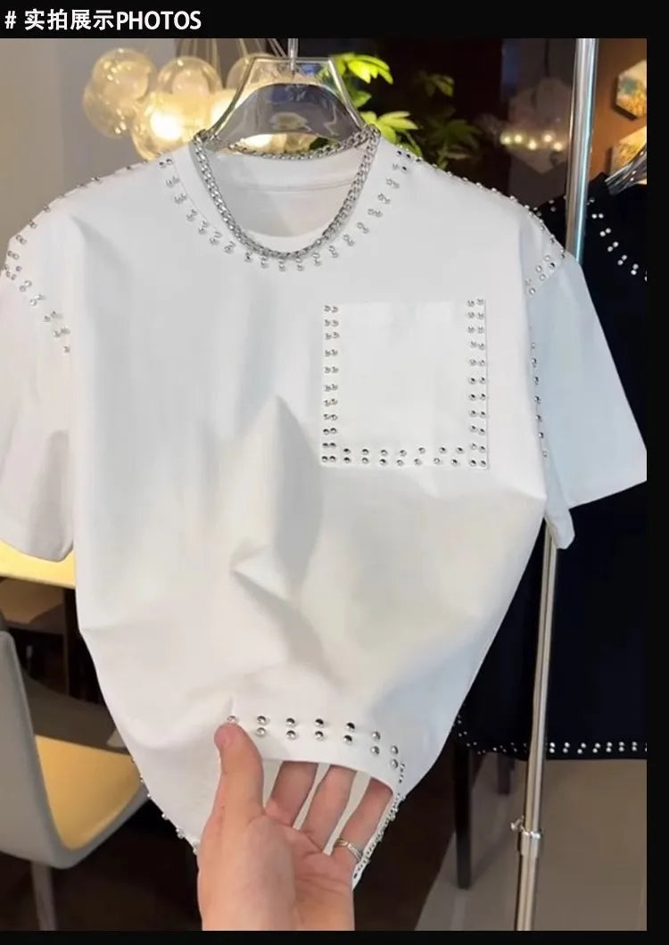 American Trend T-shirt Men's Short-sleeved Summer Fashion Heavy Industry Rivet Round Neck Youth Casual Handsome Versatile Top