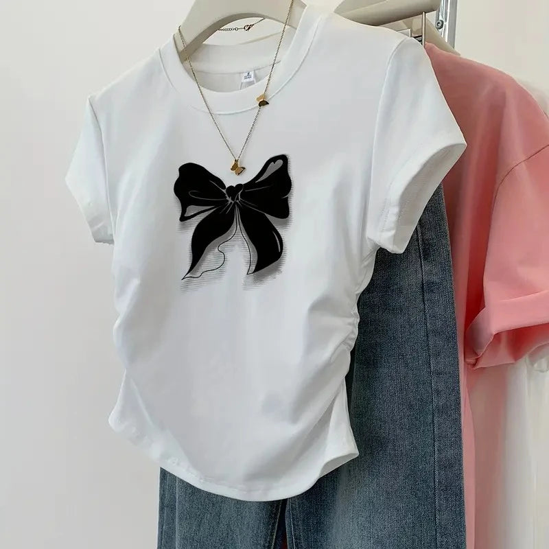 Slim T-shirts Trendy Vintage Butterfly Print Shirt Short Sleeve O Neck Top 2025 Summer New Streetwear Women's Casual Clothes