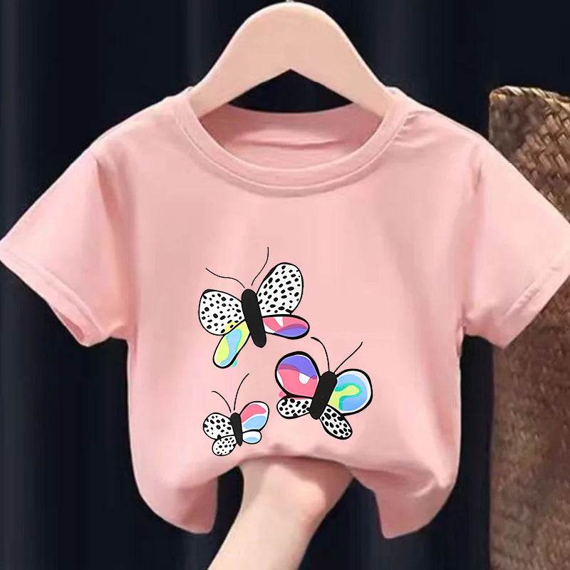 Children's T-shirts in The Summer Casual Trend, Featuring  Cartoon Butterfly Print Bow Print Heart Print, Fashionable Round