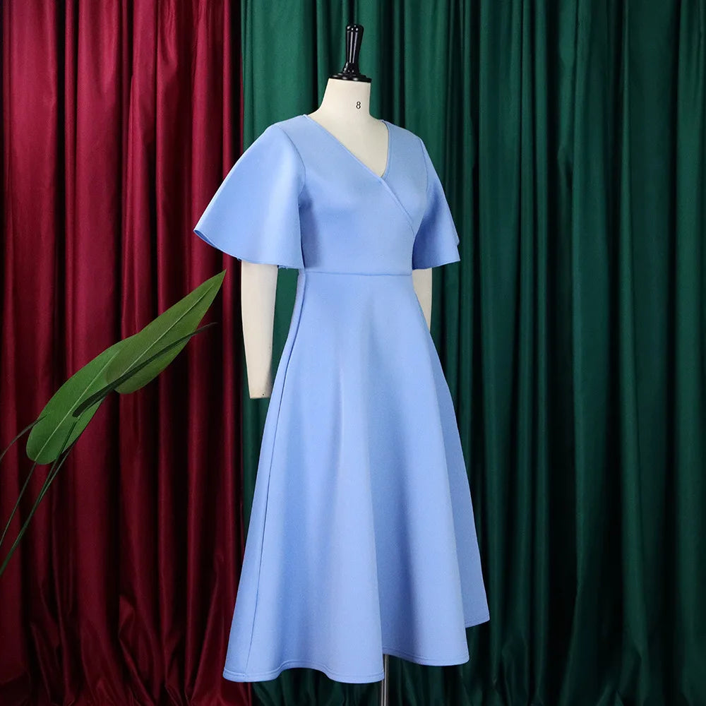 Elegant Party Dresses for Women V Neck Ruffles Sleeve High Waisted Pleated Mid Calf Luxury Birthday Dinner Vestidos Mujer Dress