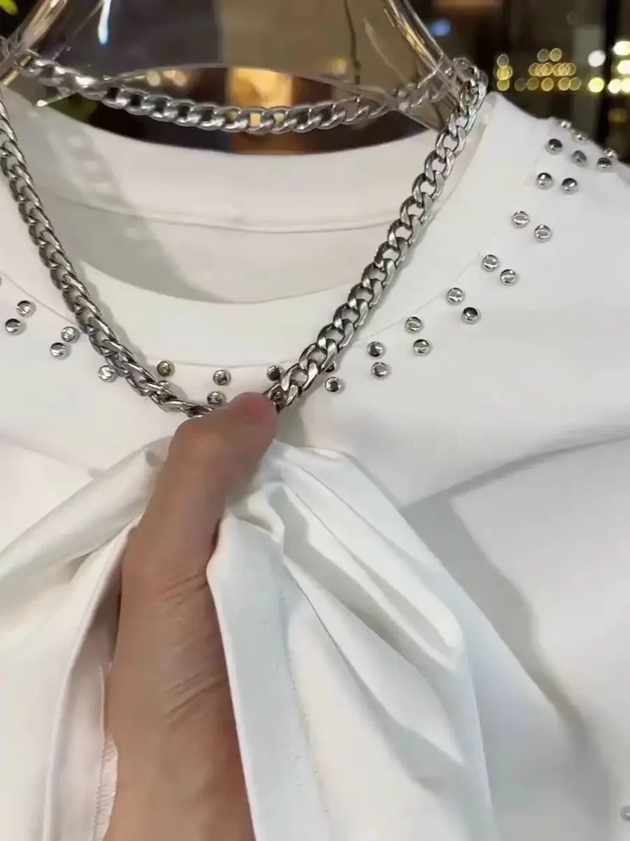 American Trend T-shirt Men's Short-sleeved Summer Fashion Heavy Industry Rivet Round Neck Youth Casual Handsome Versatile Top