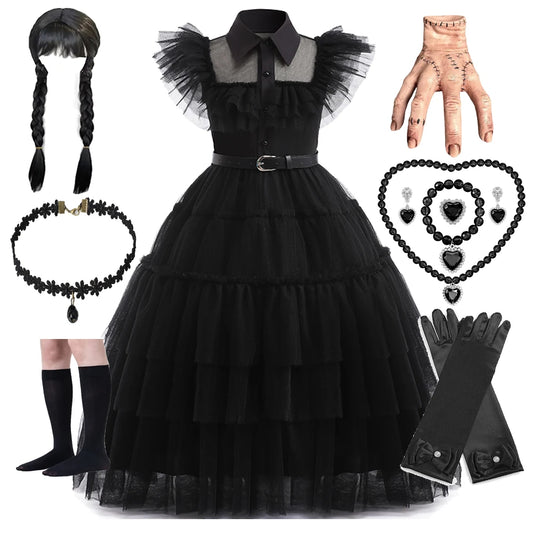 Wednesday Addams Costumes Girls Birthday Princess Costume Black Fancy Kids Halloween Carnival Dancing Party Suit for Girls