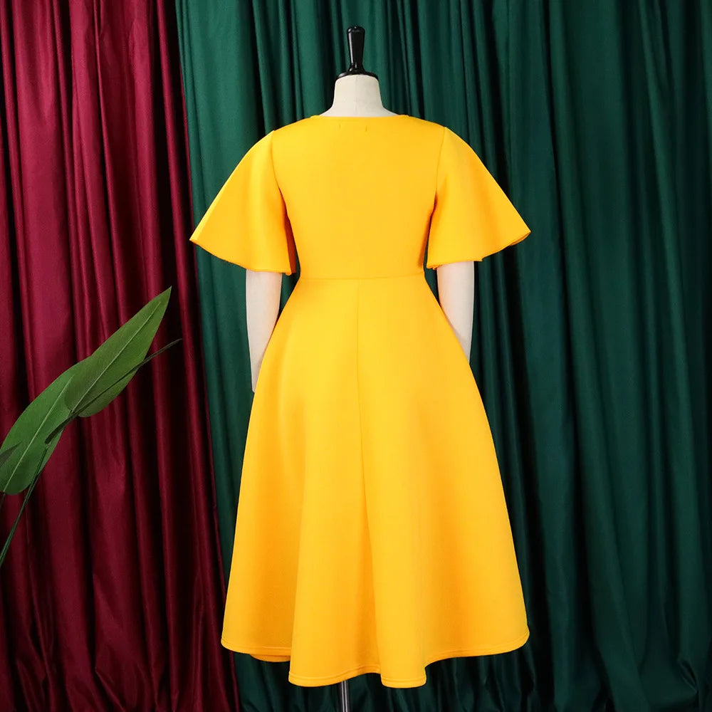 Elegant Party Dresses for Women V Neck Ruffles Sleeve High Waisted Pleated Mid Calf Luxury Birthday Dinner Vestidos Mujer Dress