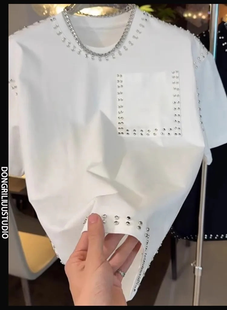 American Trend T-shirt Men's Short-sleeved Summer Fashion Heavy Industry Rivet Round Neck Youth Casual Handsome Versatile Top