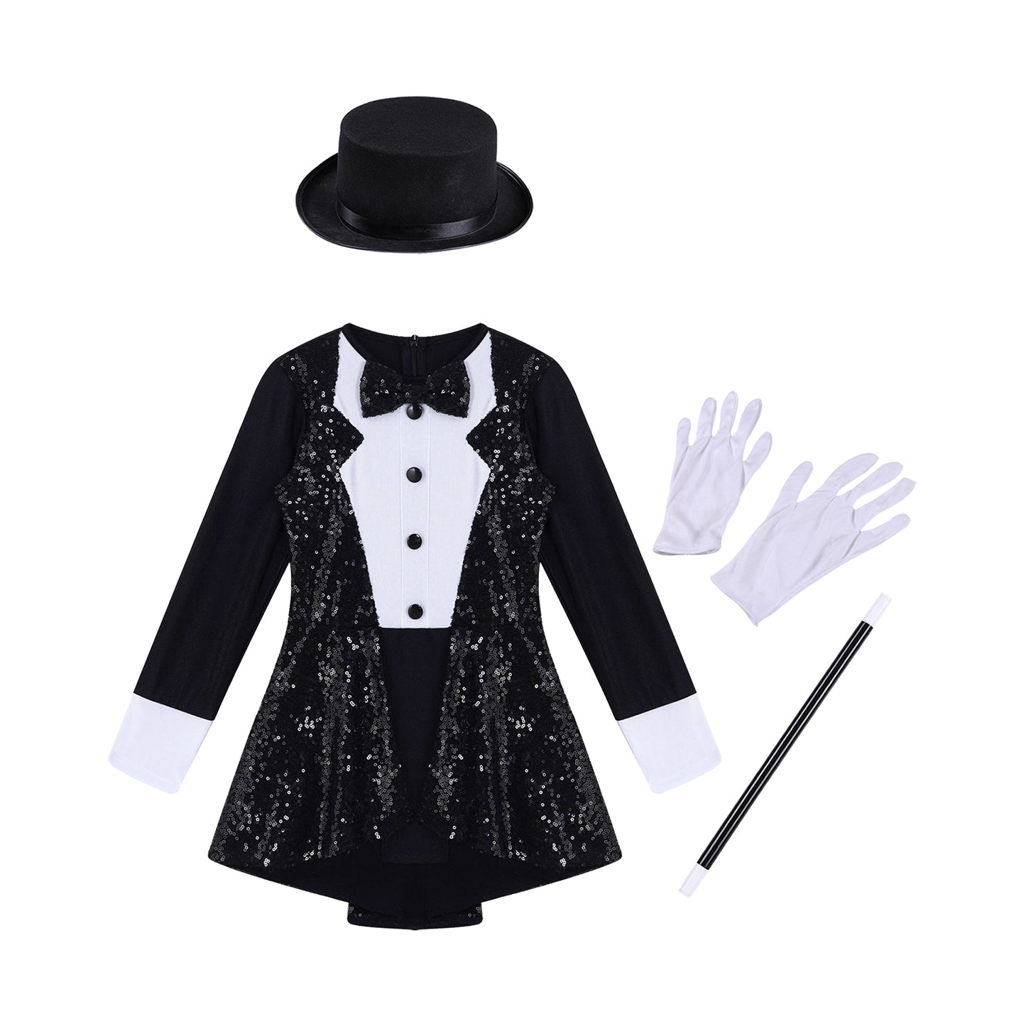 Girls Circus Magician Costume Halloween Party Cosplay Magic Show Dress Up Shiny Sequin Leotard Dress with Hat Magic Wand Gloves
