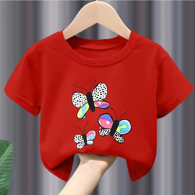 Children's T-shirts in The Summer Casual Trend, Featuring  Cartoon Butterfly Print Bow Print Heart Print, Fashionable Round