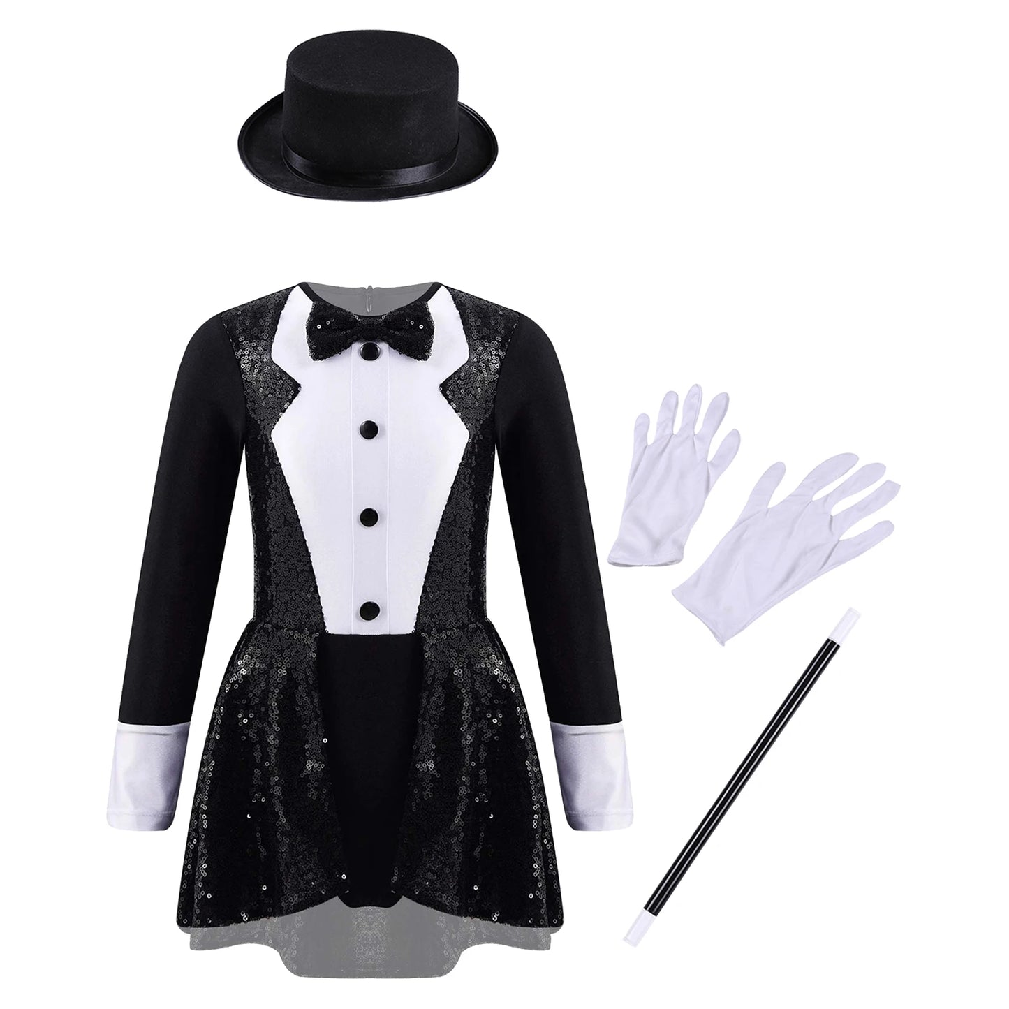 Girls Circus Magician Costume Halloween Party Cosplay Magic Show Dress Up Shiny Sequin Leotard Dress with Hat Magic Wand Gloves