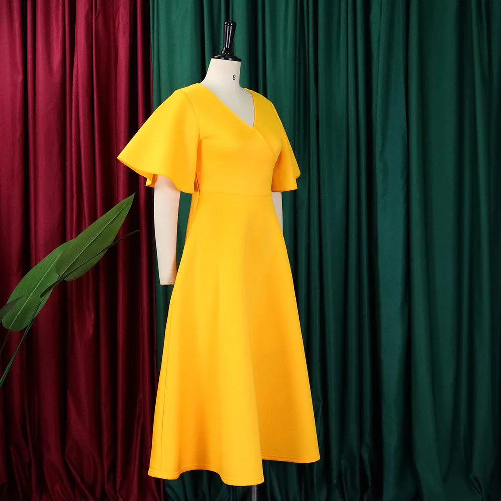 Elegant Party Dresses for Women V Neck Ruffles Sleeve High Waisted Pleated Mid Calf Luxury Birthday Dinner Vestidos Mujer Dress