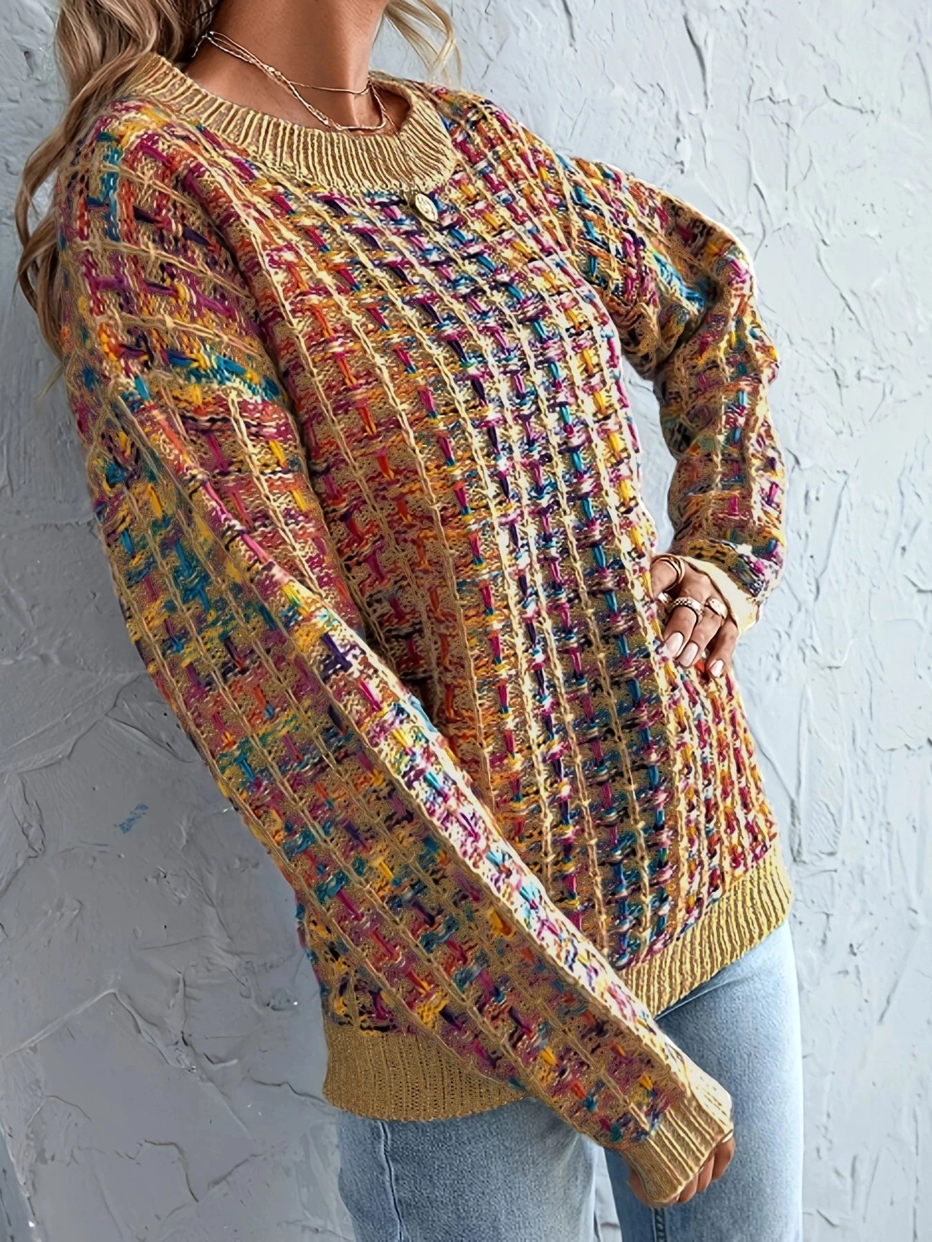 Colorful knitted sweater, casual round neck long sleeve sweater, women's clothing