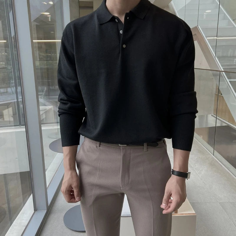 Spring Autumn New Fashion Turn-down Collar Long Sleeve Solid T-Shirts Men's Clothing Button All-match Bottoming Shirt Trend Tops