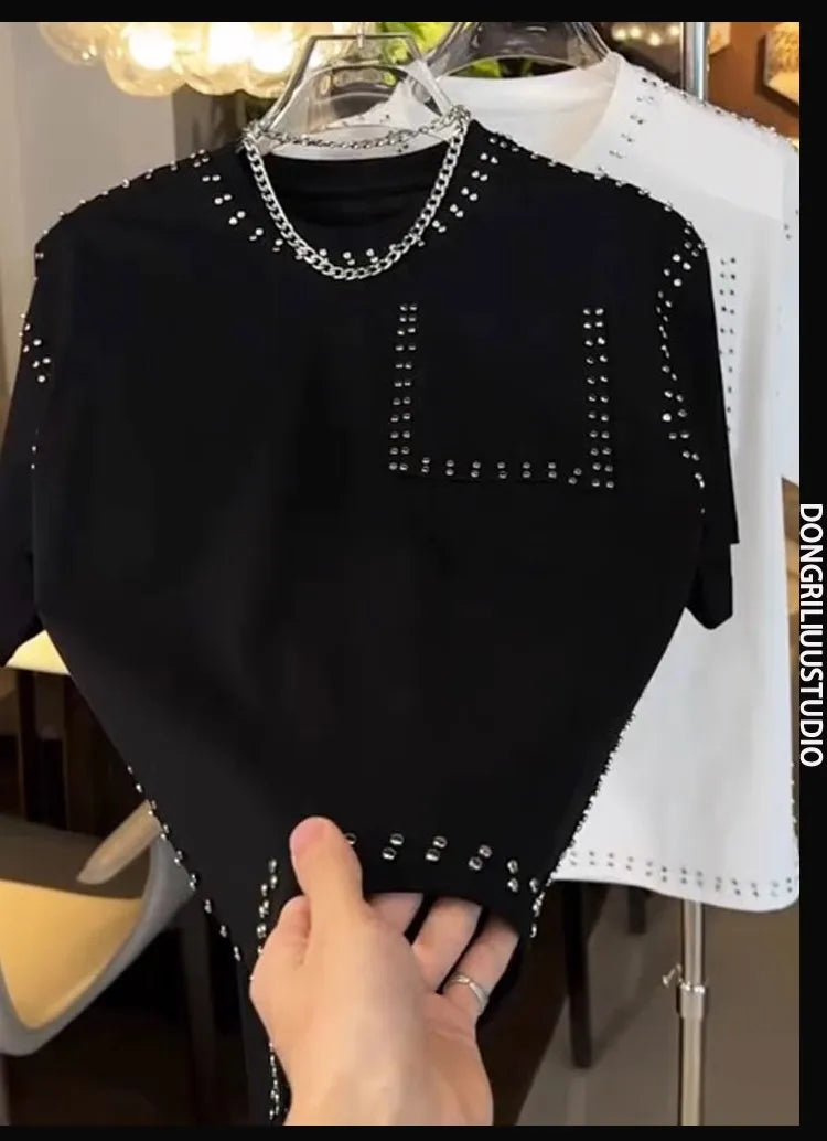 American Trend T-shirt Men's Short-sleeved Summer Fashion Heavy Industry Rivet Round Neck Youth Casual Handsome Versatile Top